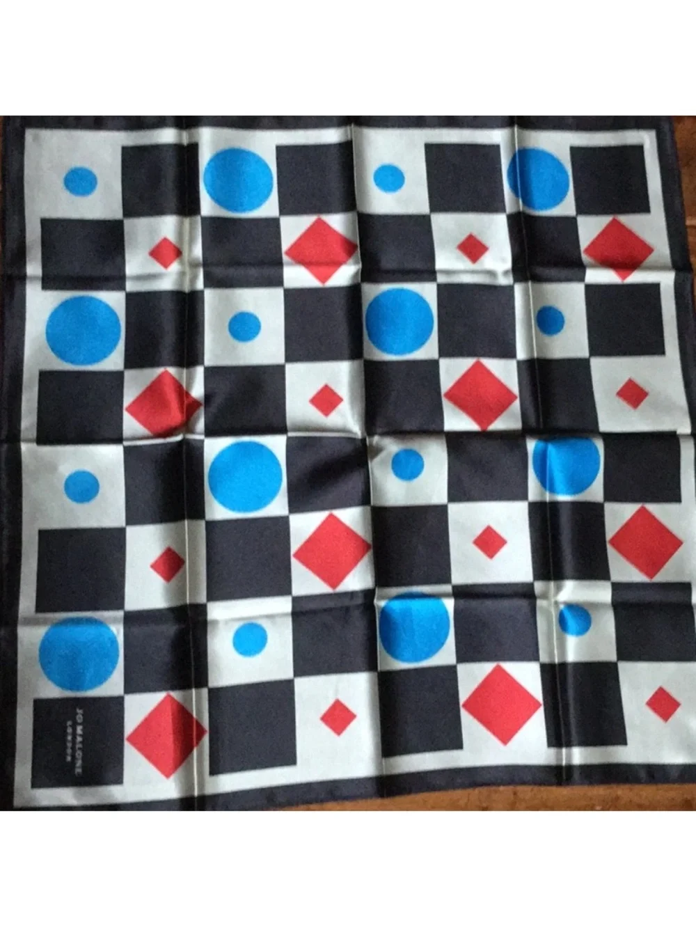 Jo Malone 100% Silk Scarf with Red and Blue Geometric Motif